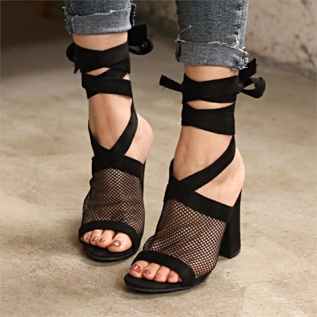

2019 Mesh Women Pumps Sexy Bandage Women Shoes Summer Super High Heel Sandals Fashion Lace-up Women's Sandals Plus Size 35-43