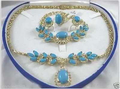 

Beautiful Turquoise necklace bracelet ring earring setAAA 18K GP Plated gold Bridal wide watch wings queen JEWE Z6TY44 (A0503)