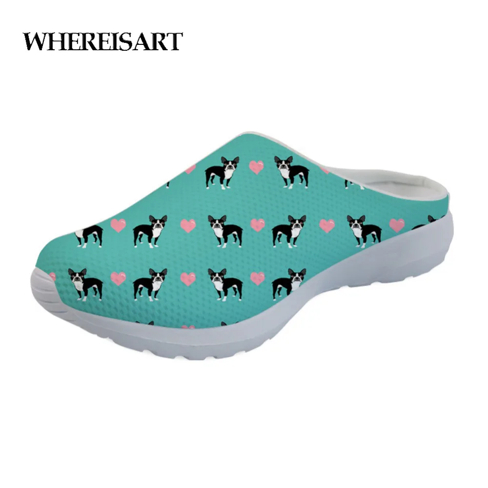 

WHEREISART Boston Terrier Women Slipper Breathable Mesh Shoes Cute Slippers Shoes Non-Slip Floor Outdoor Slippers Women Shoes