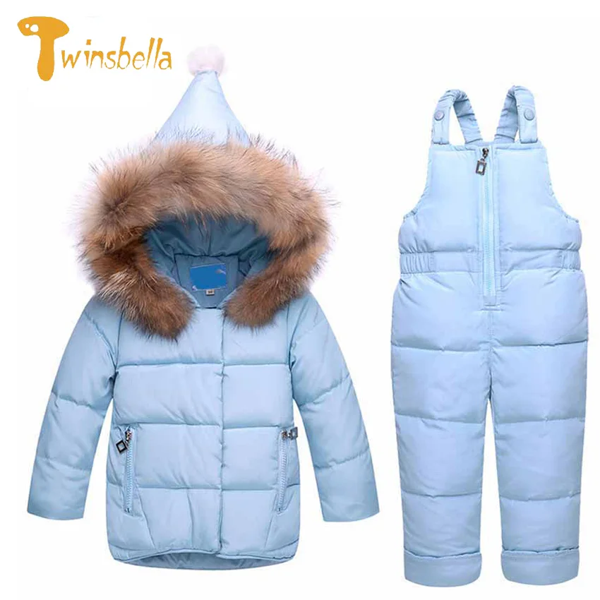 TWINSBELLA 2018 Winter New Children Clothes Set Zipper Solid Fur Collar Boys Girls Down Jackets Thickening Coat+Pants 2PCS Suit