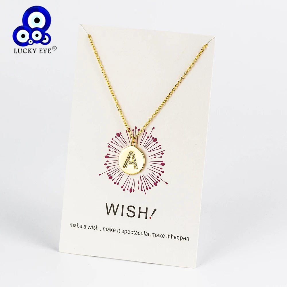 

Lucky Eye 26 Letters Pendant Necklace Micro Zircon Gold Color Chain Link Wish Card Necklace For Women Men Jewelry CN233