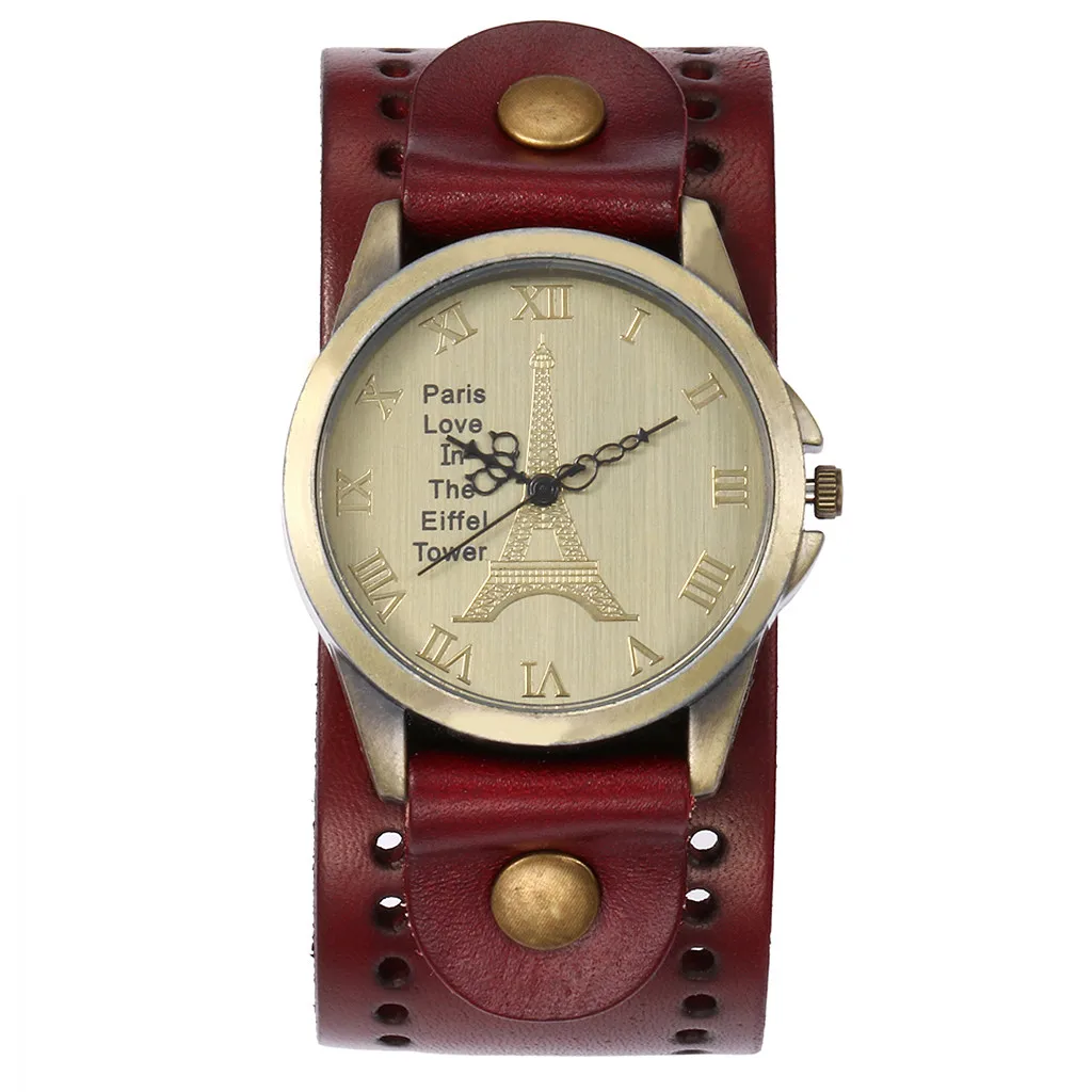 Ретро дизайн женские часы-браслет повседневные женские кожаные кварцевые наручные часы Эйфелева башня женские часы Relojes Para Mujer - Цвет: Red