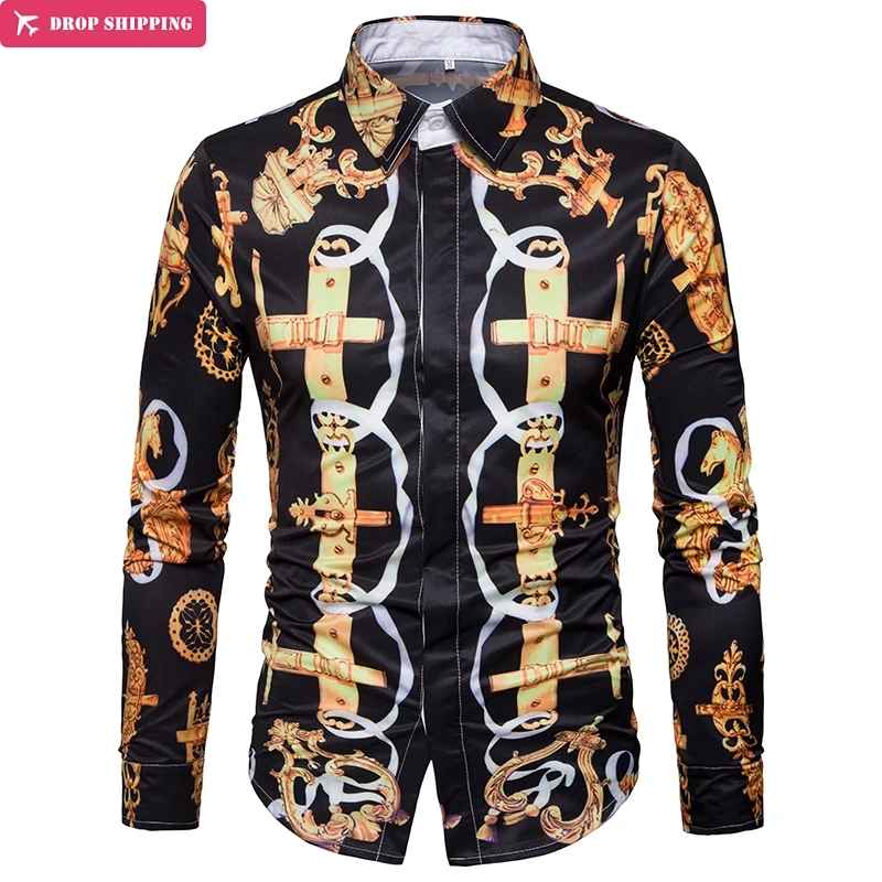 Golden Chain Printed Men's Dress Shirts 2018 Luxury Brand Slim Fit Long Sleeve Shirt Men Casual Stylish Camisa Social Masculina