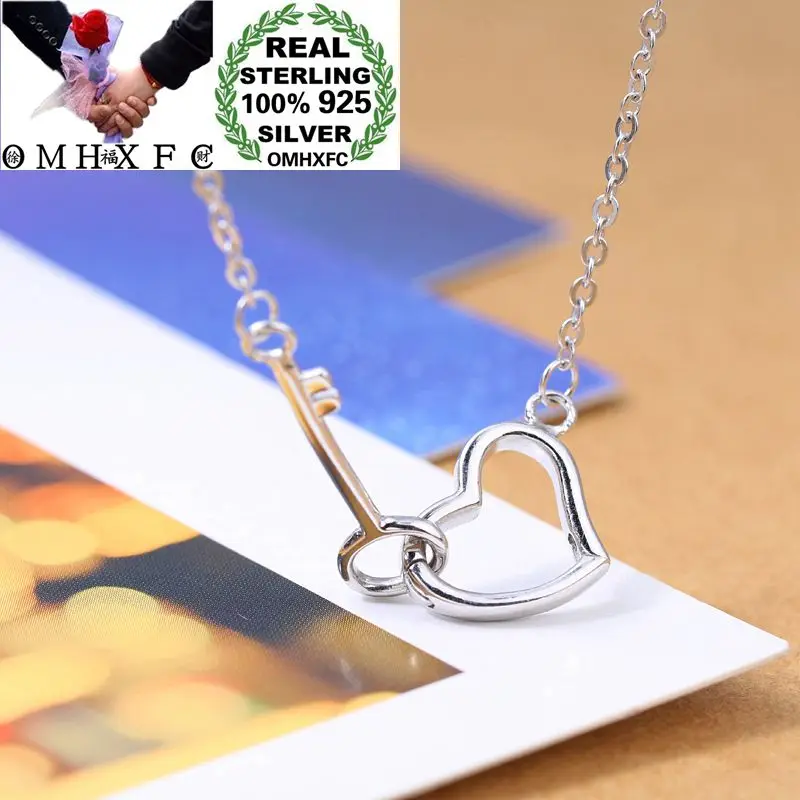 

OMHXFC Wholesale European Fashion Woman Girl Party Birthday Gift Heart Key Link 100% S925 Sterling Silver Pendant Necklace CH55