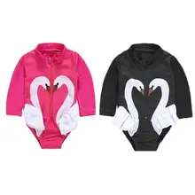 Милый Цельный купальник для маленьких девочек; боди с принтом лебедя и солнцезащитными оттенками; комбинезоны с длинными рукавами; пляжная одежда на молнии спереди