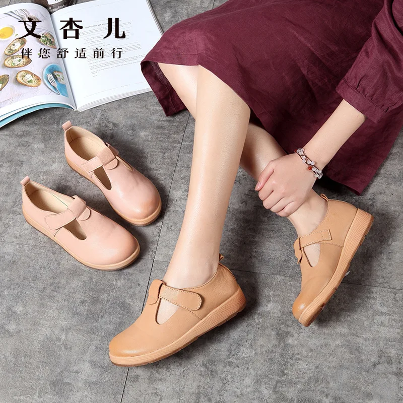 

Women's Vulcanize Shoes Hook Loop Ankle strap Muffin with Women Real Leather flats Casual Female Driving Ballet Footwear