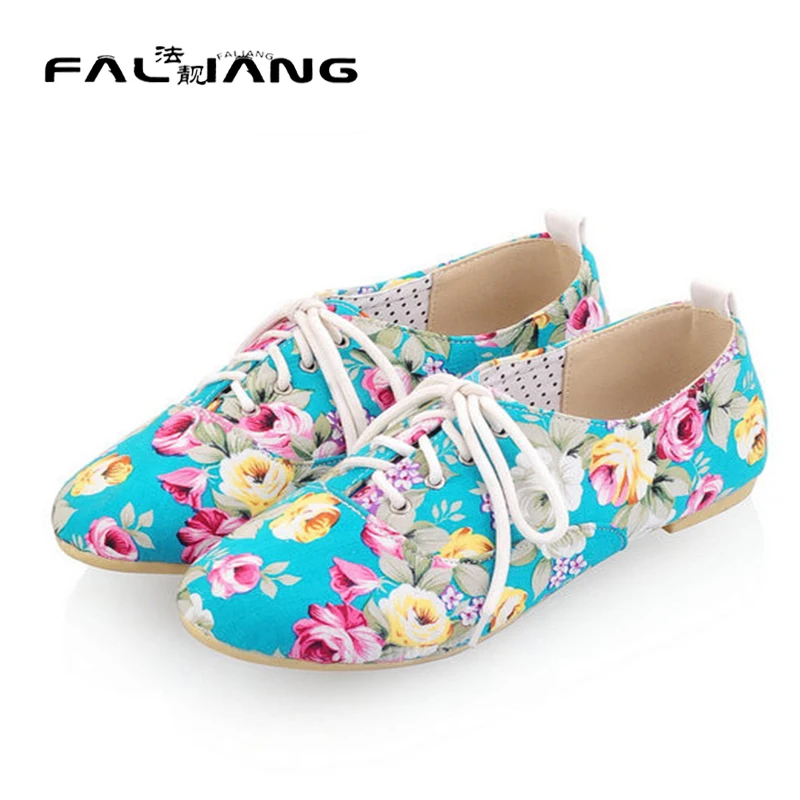 2017 Women's Flats Sweet Flower Print Shoes Round Toe Lace Up Summer