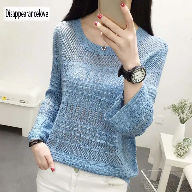 2018 Autumn Female Knitwear Loose Thin Long Sleeves Women Sweaters Simple Fashion Hollow-out O-neck Knitted Sweater Sweaters