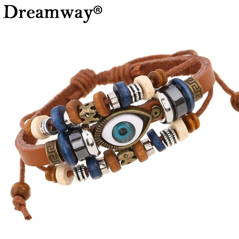 Retro rope Adjustable Leather men Multilevel evil eyes bracelets rope