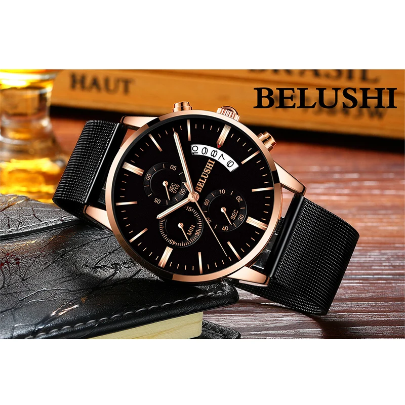 

BELUSHI Fashion Simple Style Top Luxury Brand Watch Men Chronograph Quartz Mesh Steel Wristwatch Thin Dial Relogio Feminino