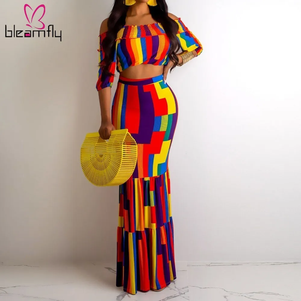 

Sexy Printed Two Pieces Skirt Set Women Off Shoulder Crop Top And Long Skirt Suits Bodycon 2 Piece Summer Clothes Matching Set