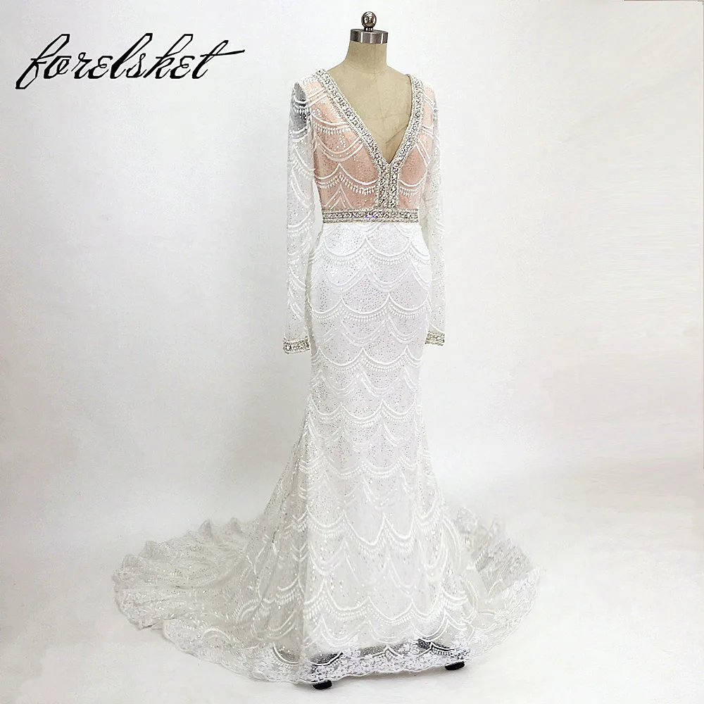 

Deep V Neck Lace Mermaid Wedding Dress for Bridal 2019 Long Sleeves Bridal Dress Embroidery Wedding Party Dress robe de mariee