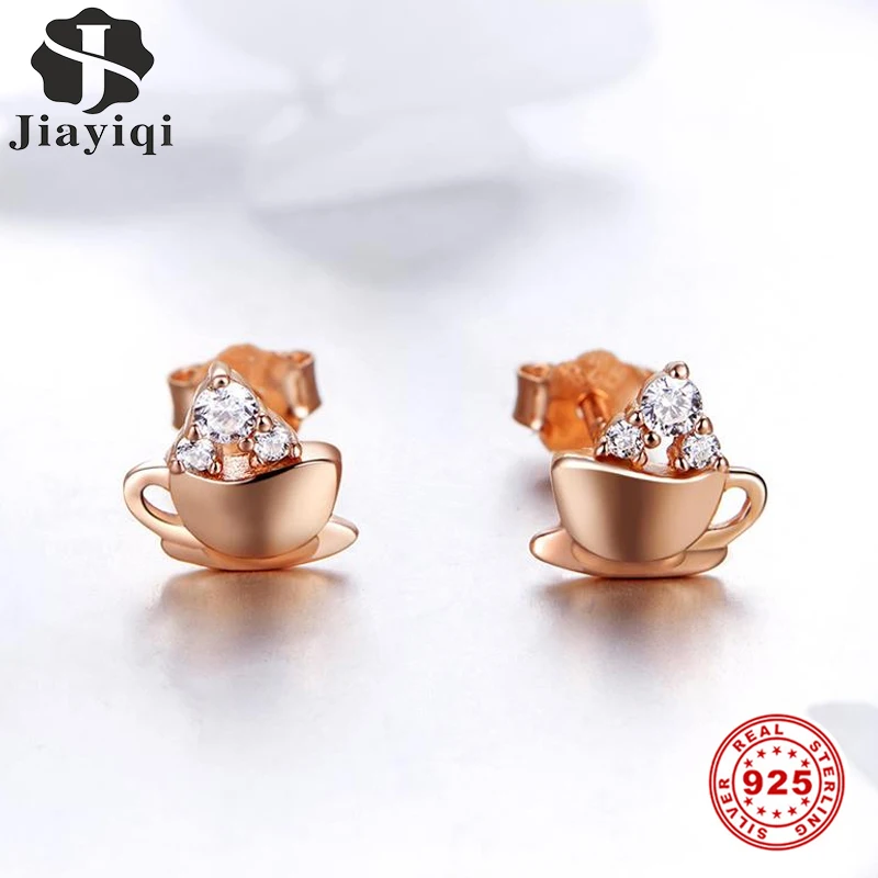 

Jiayiqi Rose Gold Leisure Coffee Cup Stud Earrings Authentic 925 Sterling Silver For Women Personality Featured Jewelry Gift
