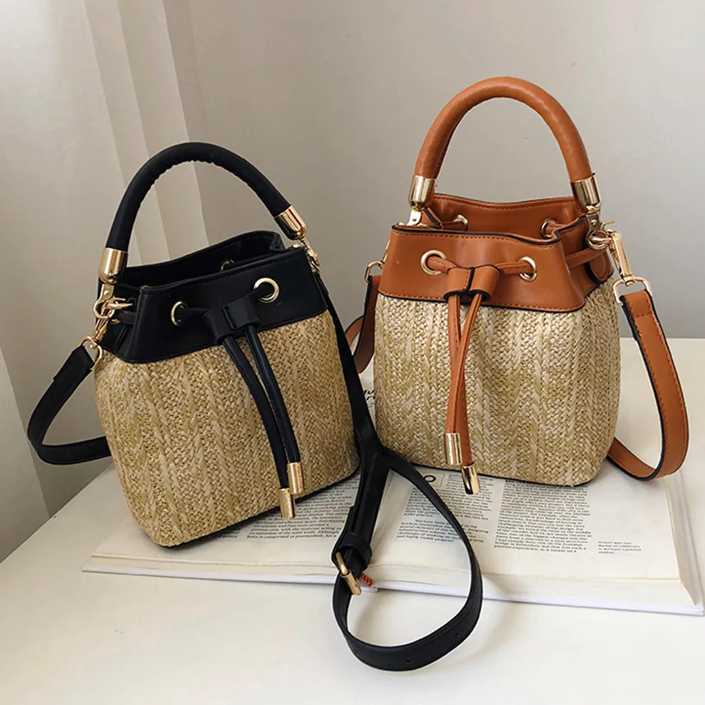 

woven Bag Rattan bag for women small Bucket Sac Crossbody Shoulder Bags PU Drawstring messenger sac bolso mimbre rieten bali bag