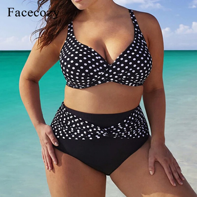 

Facecozy Women New Bikini Set Swimwear Plus Size Swimsuit Dot High Waist Beach Sets Bathing Suit Patchwork Big Yards For Ladies