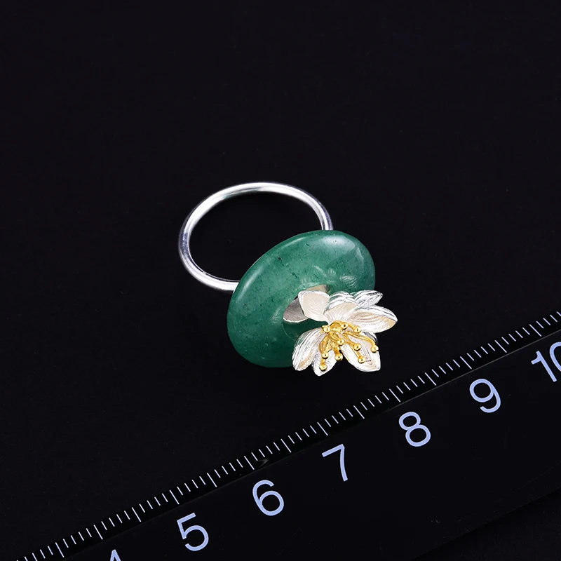 Lotus Fun Solid 925 Sterling Silver Rings for Women Round Green Chalcedony Flower Finger Ring Resizable Band Fashion Jewelry