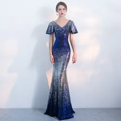 Мода v-образным вырезом русалка вечернее платье Синий Кружева блесток Светоотражающие длинные тонкие платья дамы для официального