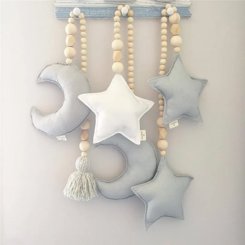 

Nordic Style Wooden Beads Moon Star Heart Ornaments Kids Room Decoration Wall Hanging Girls Baby Tents Decorative Photo Props