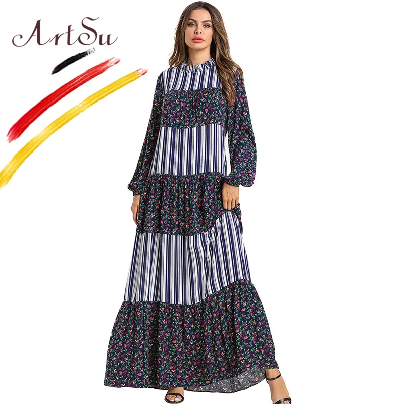 

ArtSu Ruffle Lace Up Round Neck Swing Patchwork Striped Maxi Dress Floral Print Retro Ethnic Robe Femme Women Plus Size Vestidos