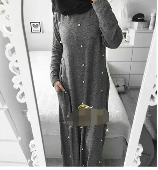 1 шт./лот, повседневная мусульманская хлопковая Абая с бисером, длинный халат, Женский однотонный Повседневный длинный абайя, арабское Дубайский кафтан, исламское платье
