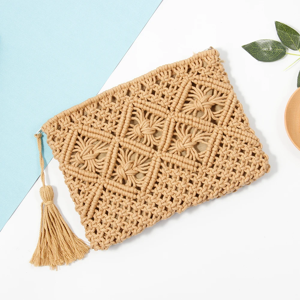 

Woman High Quality Retro Hand-wrap Cotton Woven Beach Bag Straw Clutch Women Lady Day Tassels Summer Envelope Bag