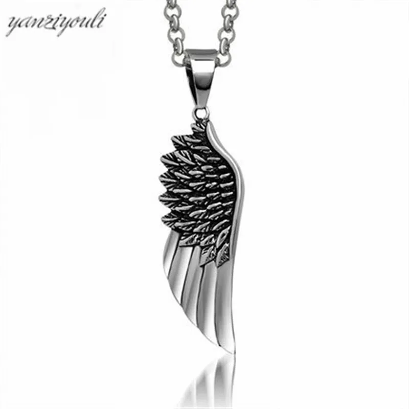 

Men Choker Stainless Steel Vintage Gothic Feather Angel Wing Pendants Necklace Silver Tone Kettingen Kolye Jewelry D140