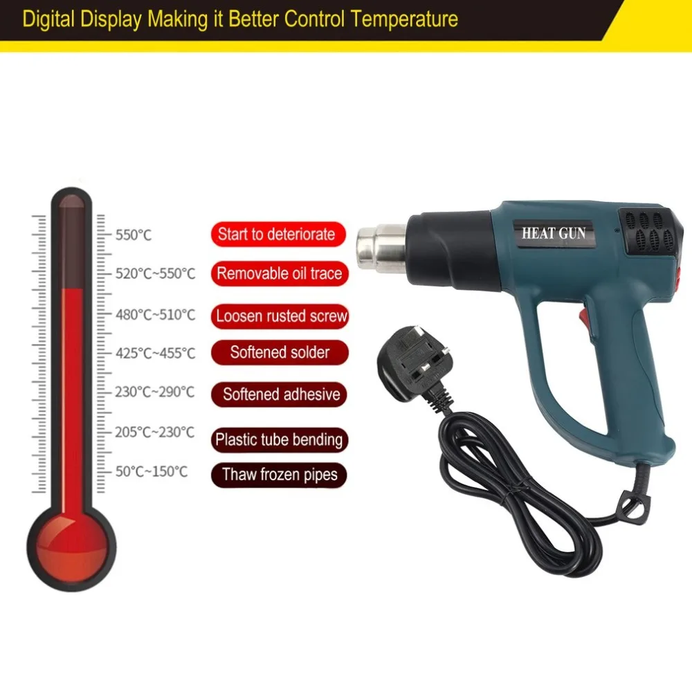 

HG-986 2000W UK Plug Digital LCD Electric Hot Air Heat Gun Temperature Fan Variable Shrink Paint Stripper Rework DIY Tool Nozzle