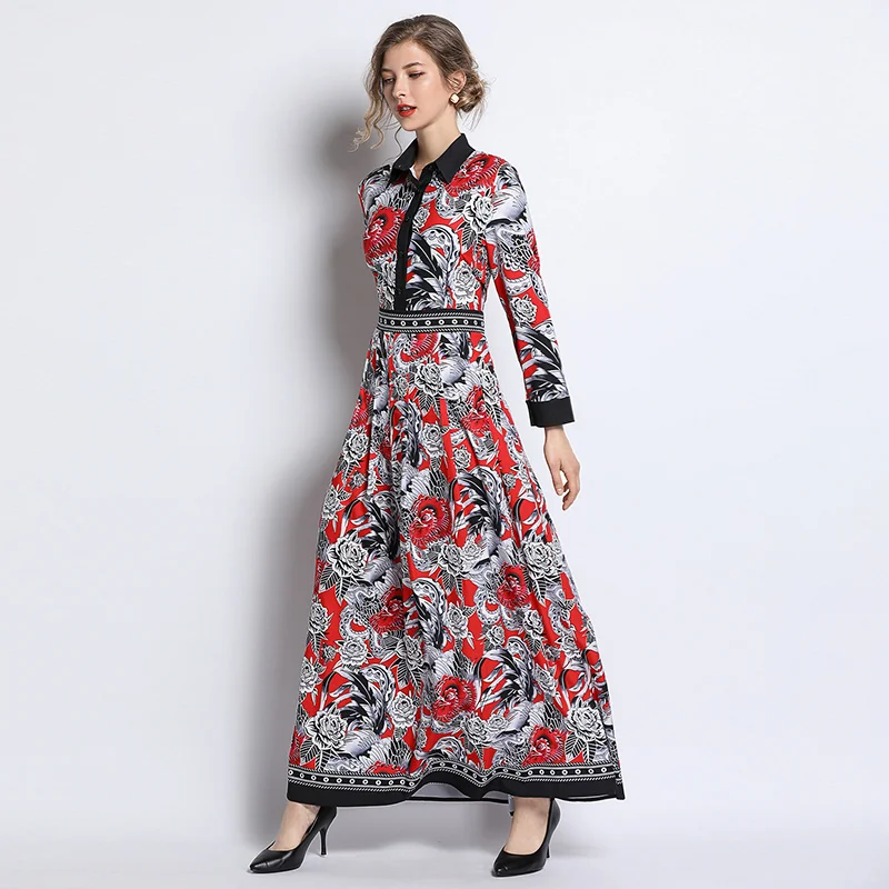 Fashion Summer Long Dress 2019 Women's Turn Down Collar Sleeve Flower Printed Patchwork Vintage Ethnic Maxi Vestidos | Женская