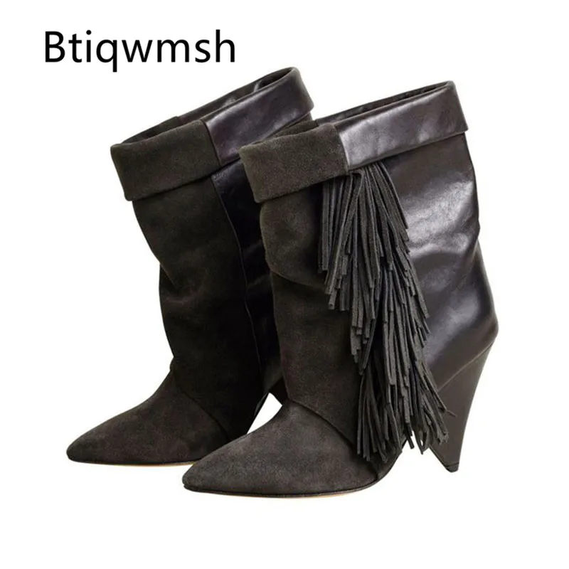 

2019 Winter Retro Tassel Boots Women Pointed Toe Suede leather Patchwork Spike High Heels Ankle Boots Women Fashion Dress Shoes