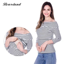 

Bearsland Women's Maternity Breastfeeding Long Sleeve Trendy Fitted Off Shoulder Striped Blouse Top