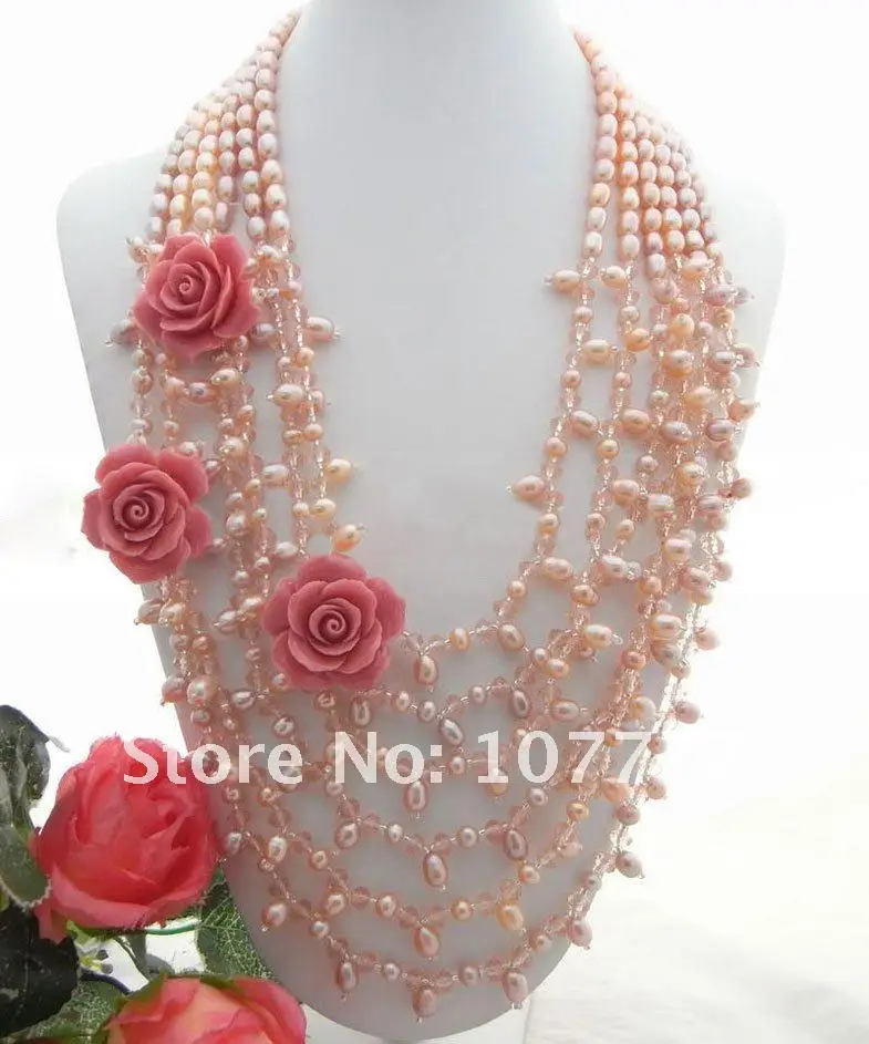 

6 strands Pink Pearl&Pink Flower Necklace