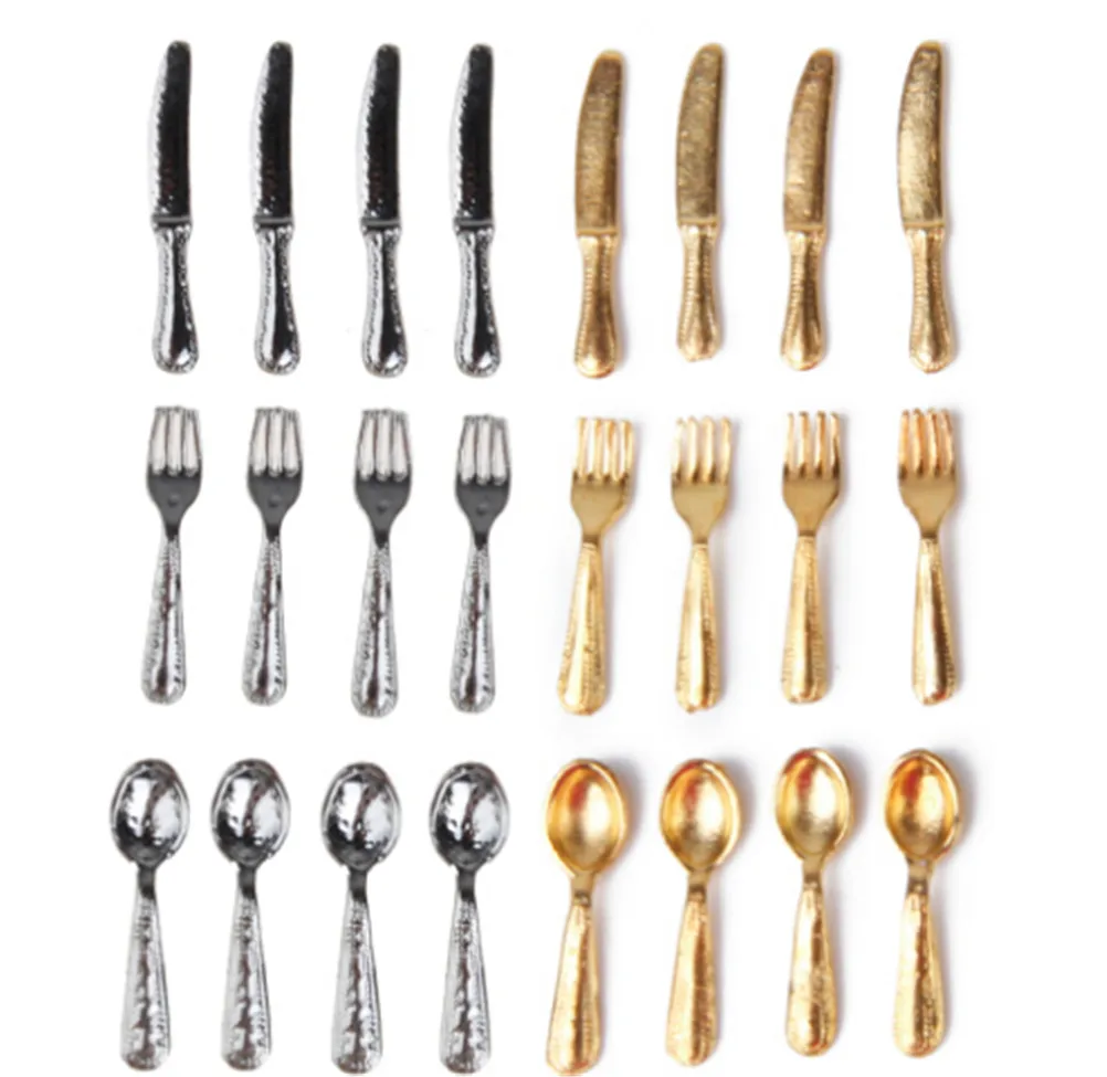 12PCS Stainless Steel Tableware Set Classic Pretend Play Kitchen Furniture Toy for Children Doll 1/12 Dollhouse Miniature