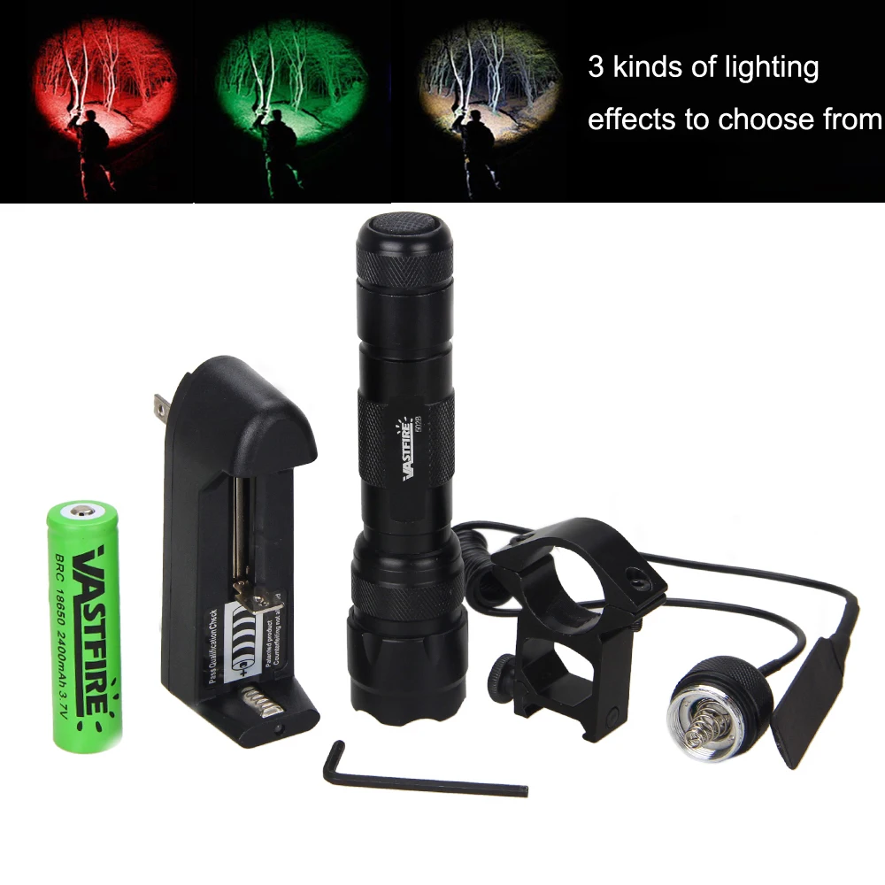 

Q5 LED Flashlight Torch Hunting Bright Red/Green/White Color Light+18650 Rechargeable Battery+Charger
