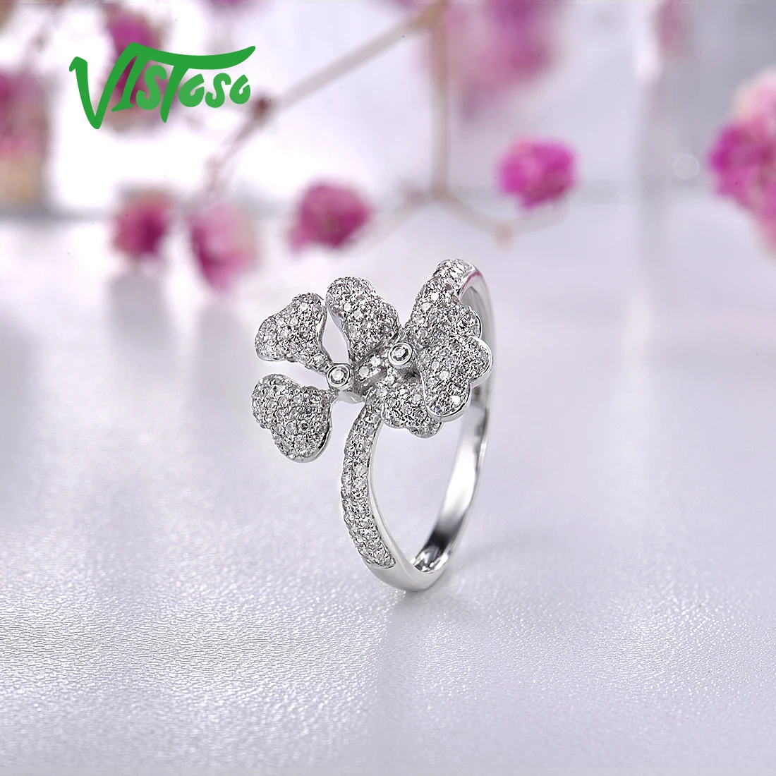 VISTOSO 14K585 кольца из белого золота для леди подлинное кольцо с цветком сверкающие