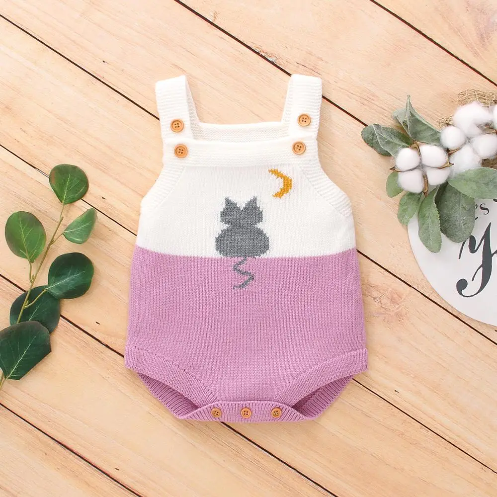 Newborn Baby Bodysuits Summer Sleeveless Toddler Boys Girls Overalls Cute Cat Knit Infant Kids One Piece Coverall Jumpsuit 0-18M