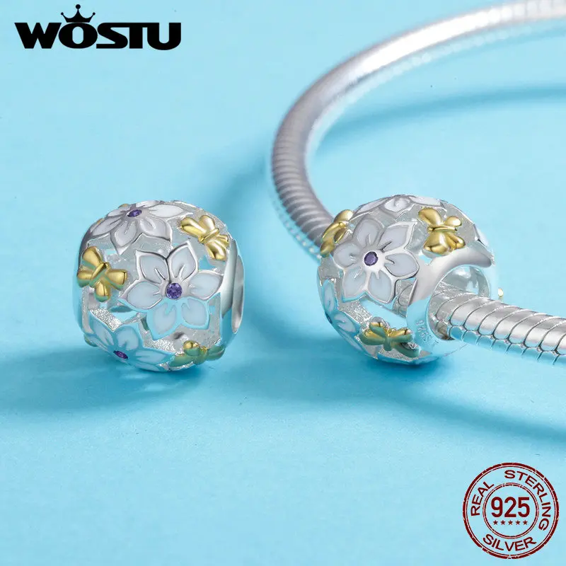 WOSTU Authentic 925 Sterling Silver Gold Color Flowers and Butterflies Charm Beads for Original WST Bracelet Jewelry DXC546