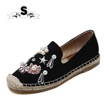 Женские лоферы; мокасины со стразами и кристаллами; балетки на плоской подошве; парусиновые соломенные эспадрильи в рыбацком стиле; прогулочная обувь