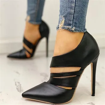 

Fashion 2019 Spring Shoes Woman Pumps Dress Party High Heels Black Pointed Toe Shoes Stiletto Cut-out Ladies Pumps Plus Size 43