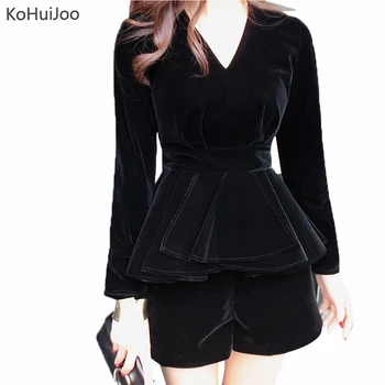 

KoHuiJoo Women Shorts Suit Sets Plus Size Sexy V Neck Long Sleeve Velvet Shirts+ Shorts Outfits 2 Piece Clothing Sets