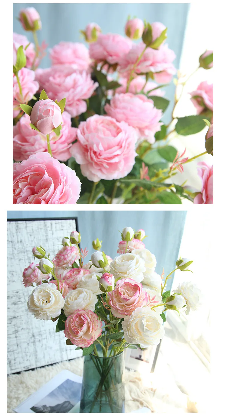 JAROWN European Rose 3 Head Peony Simulation Silk Flower Wedding DIY Accessories Home Decoration Flowers (12)
