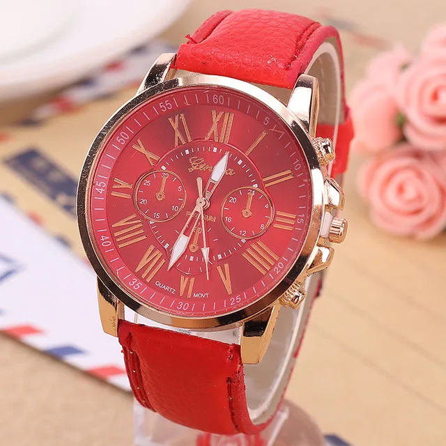 

New Geneva Watch Fashionable Brilliant Net Red Two-eyed Roman Leather Quartz Watch Ladies Leisure Fashion Watch