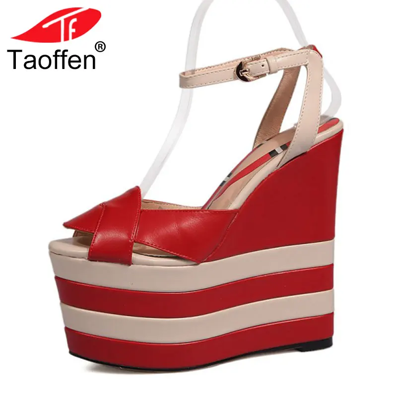 

TAOFFEN 5 Colors Simple Women Real Genuine Leather High Wedges Sandals Ankle Strap Peep Toe Platform Summer Shoes Size 34-42