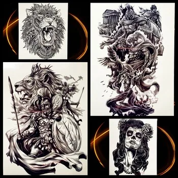 Hero of Sparta Warrior Temporary Tattoo For Men Women Black Body Art Fake Flash Tattoo Stickers, Troy Ancient Knight Tattoo War