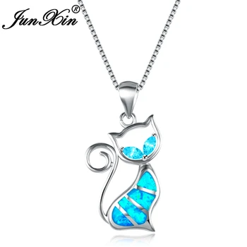 

JUNXIN 2017 New Brand Design Women Cat Necklace Blue Fire Opal Necklaces & Pendants Fashion Silver Color Animal Jewelry