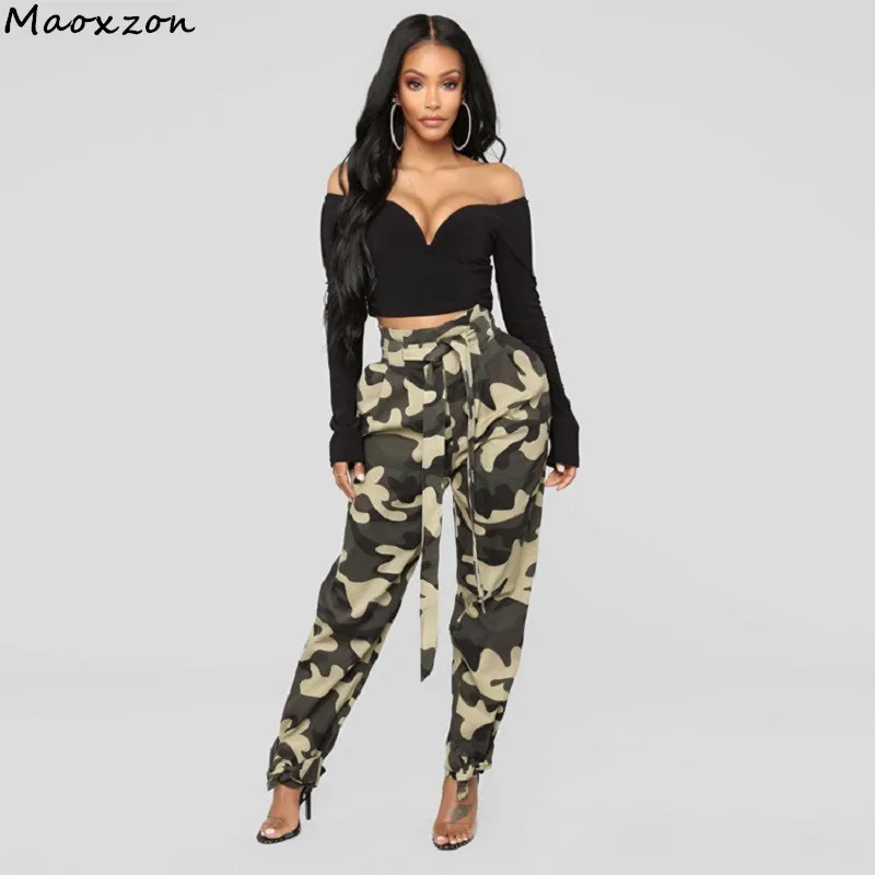 Maoxzon Womens Fashion Loose Camouflage Harem Pants For Female New Europe and America Style Casual Belt Capris Trousers Pants