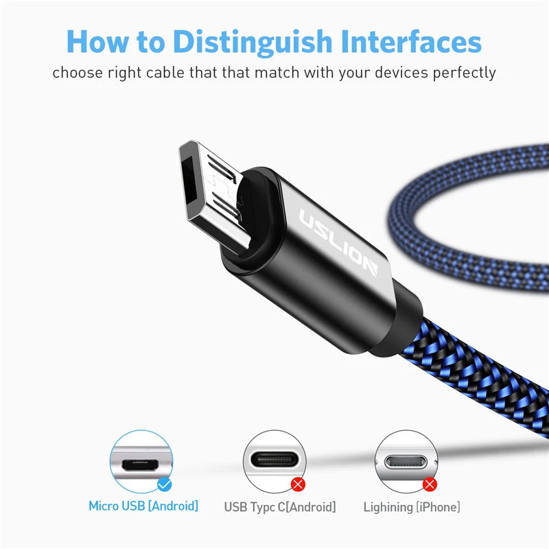 USLION المصغّر usb كابل 2.4A سريع مزامنة بيانات كابل شحن سامسونج هواوي Xiaomi LG Andriod سلك Microusb الهاتف المحمول الكابلات