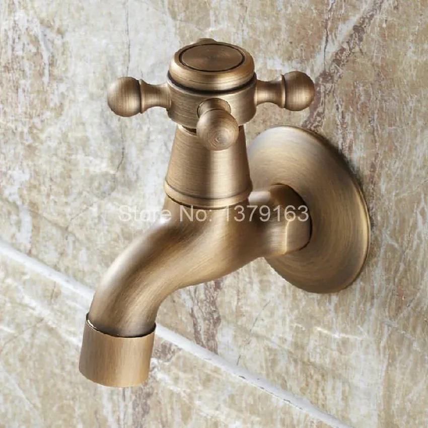 Antique Brass Cross Handle Laundry Bathroom Kitchen Wall Mount Basin Faucet Single Cold Tap aav104