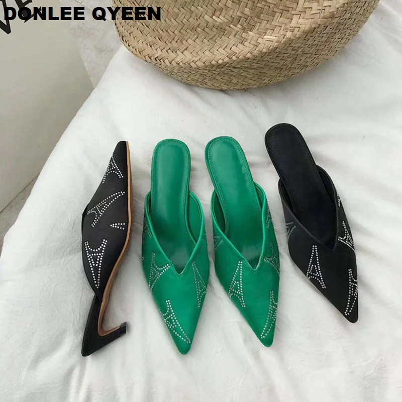 

2019 New Fashion Women Slippers Pointed Toe Runway Shoes Sexy Mules Thin Low Heel Slides Brand Silk Elegant Crystal Party Shoes