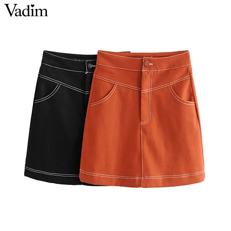 

Vadim women black orange mini skirt faldas mujer zipper fly style pockets female casual summer chic solid A line skirts BA436
