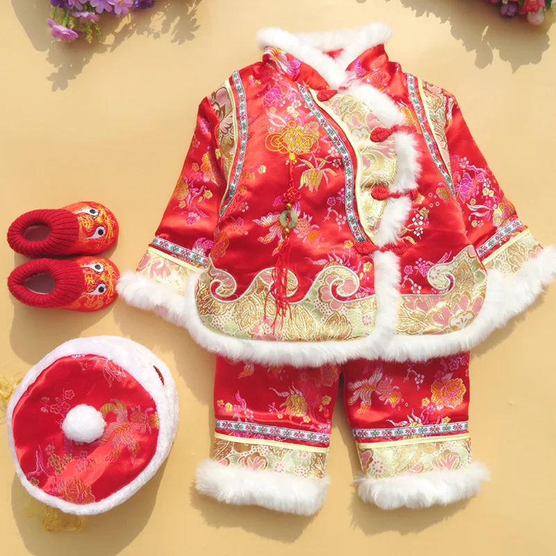 

4pcs Winter Cotton Girl Children's Tang Suit New Year Chinese Traditional Costume Birthday Party Clothing Set for 0-3Y Baby Girl